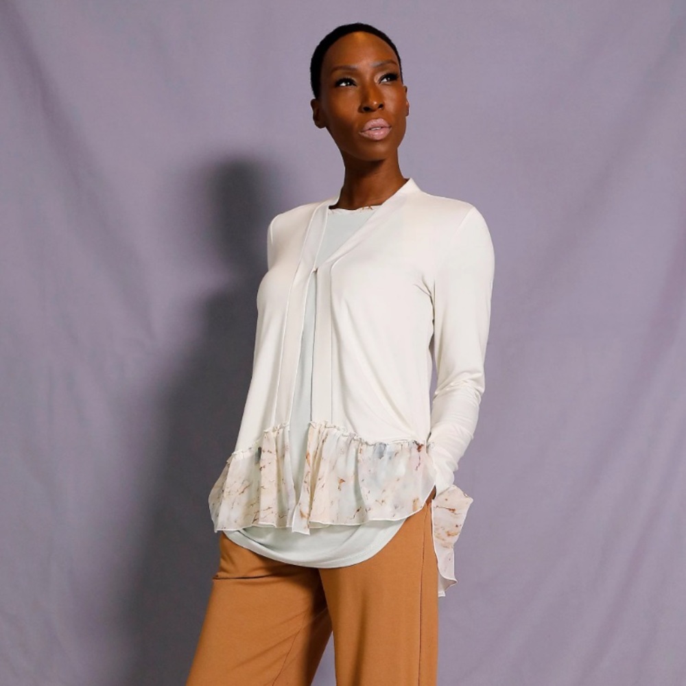 LOGO by Lori Goldstein Rayon Cardigan with Printed Ruffle Trim Long Slee… - Picture 6 of 14